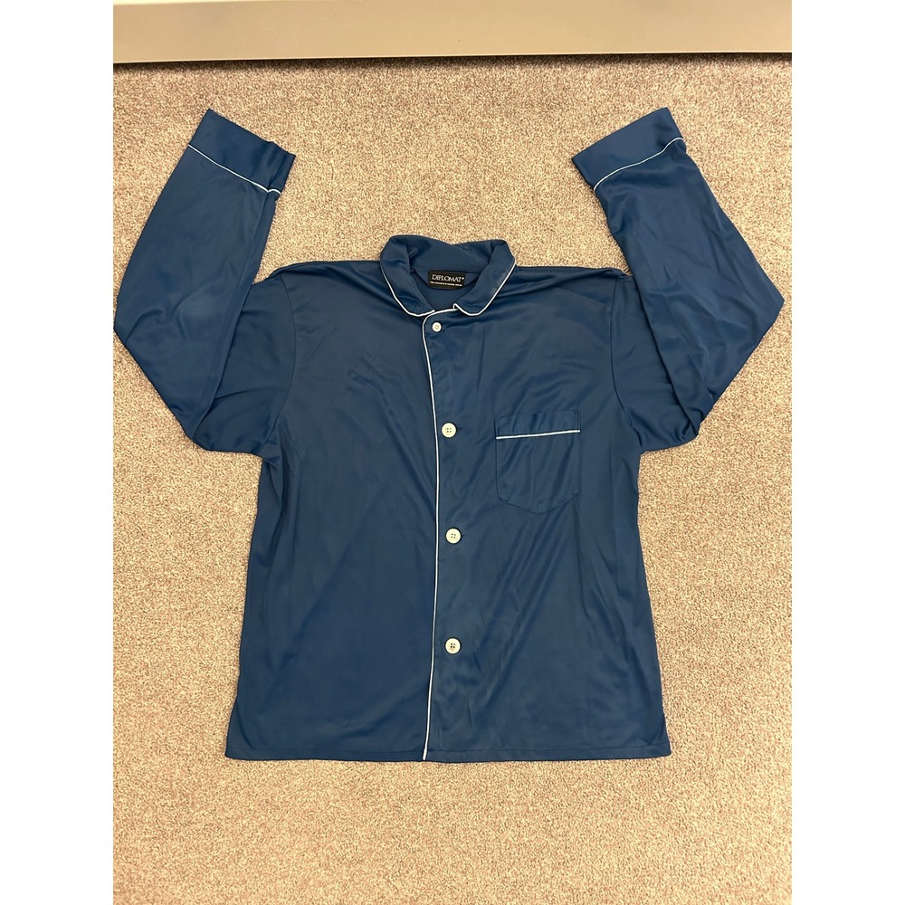 Diplomat Pajama Top Mens L Blue Excellent Button Down Piping Long Sleeve